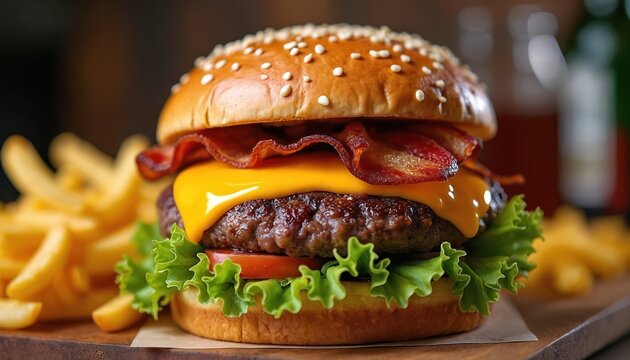 Juicy cheeseburger with crispy bacon, fresh lettuce, tomato, and melted cheddar cheese. Served alongside golden french fries. Classic gourmet burger, perfect for fast food cravings or satisfying meal.