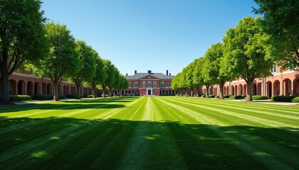 Elegant brick building with manicured lawn and symmetrical row of trees. Sunny day, clear blue sky. Architecture features classic design, arches, windows.