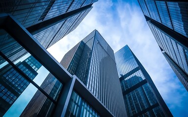 Modern office towers reach high against a vibrant blue sky, embodying ambition and success