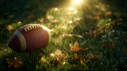 Autumnal Football On Grassy Field With Sunlight