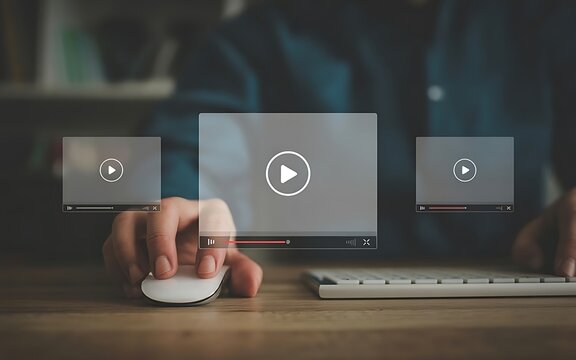 Engaged viewer watching video streams on desktop, perfect for online learning and entertainment concepts