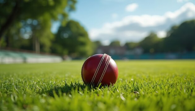 Red cricket ball rests on vibrant green grass of a sunny sports field. This image captures the of outdoor summer sports, perfect for themes of recreation, competition, and athletic activity.