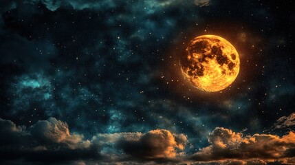 Obraz premium Fiery orange moon, night sky, clouds