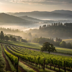 Naklejka premium A serene vineyard valley blanketed with early morning mist, with soft sunlight piercing through the fog and lighting the vine rows.