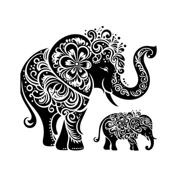 Ornate Elephant Family with Floral Patterns.