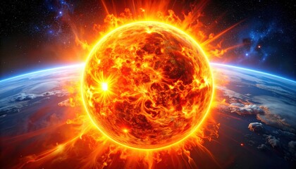 Obraz premium Fiery Sun Over Earth: A vibrant, burning star with intense solar flares positioned above the planet Earth in deep space.