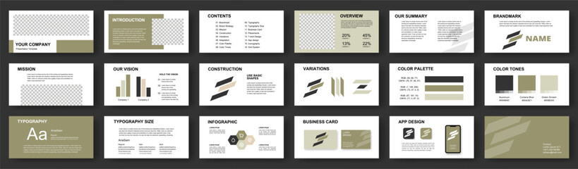 Minimalist corporate presentation template with branding and color palette