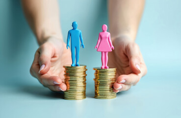 Visual representation of gender pay gap income inequality, financial equity. Man, woman figures stand on stacks of coins symbolizing economic disparity, need for justice, balance in finance.