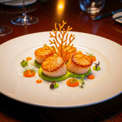 Seared scallops with green puree and orange garnish image