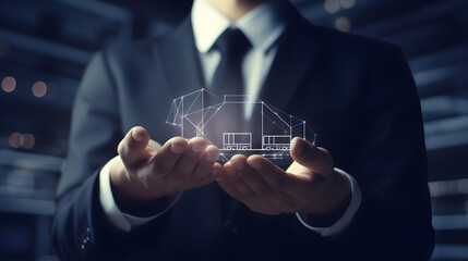 Businessman holding supply chain icon for Logistic management, organizing and controlling resources to meet the needs of customers. Logistic and transport concept.