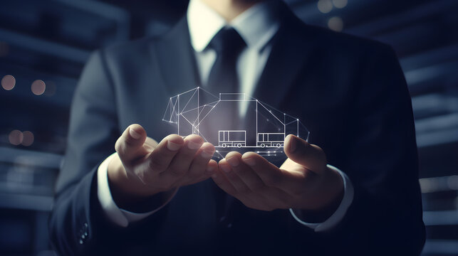 Businessman holding supply chain icon for Logistic management, organizing and controlling resources to meet the needs of customers. Logistic and transport concept.