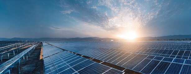 Vast solar panel field under a vibrant sunset
