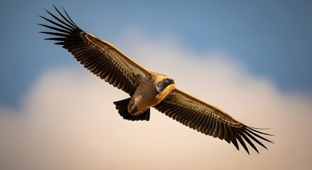 Naklejka premium Majestic Griffon Vulture soaring in the sky with wings spread wide.