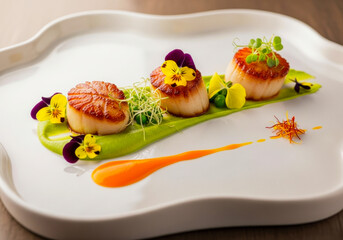 Seared scallops with pea puree and edible flowers seafood green
