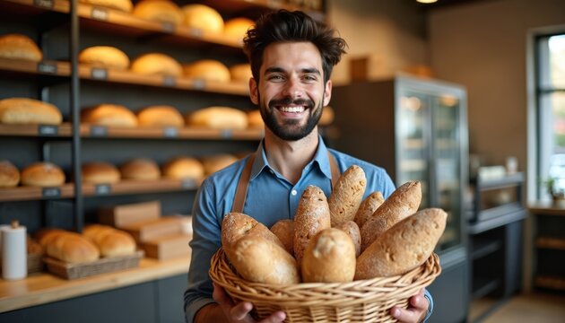 Handsome young man, likely Hispanic baker, smiles warmly holding basket of assorted fresh bread in bakery. Shelves filled with baked goods create backdrop for portrait of entrepreneur proud of shop - Powered by Adobe