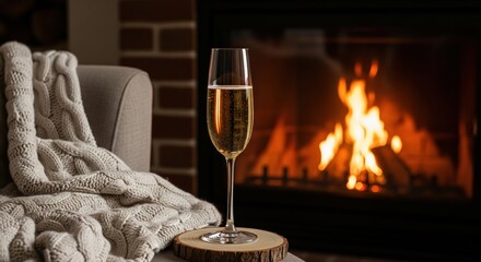 Champagne Glass and Cozy Fireplace with Knitted Blanket