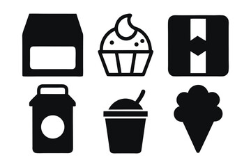 Group of six stylized black and white icons depicting popular food and drink items, including milk cartons, cupcakes, ice cream cones, and takeaway cups, isolated on a white background