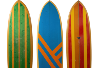Three distinct vintage wooden surfboards with vibrant green/yellow, blue/orange, and red/yellow stripes, perfectly isolated on a transparent studio background. Concept of diverse choices and