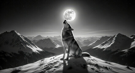 Wolf howling at moon on snowy mountain night