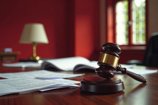 Capturing the Dynamic Contrast of Crimson Accents and Timeless Elegance in a Lawyer's Office, Evoking a Sense of Urgency with Scattered Papers