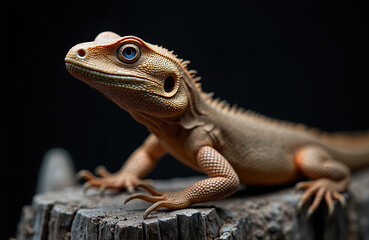 Obraz premium Close-up shot of rare reptile, possibly earless monitor lizard, with striking blue eyes perched on weathered tree stump. Fascinating creature textured scales, sharp claws clearly visible against