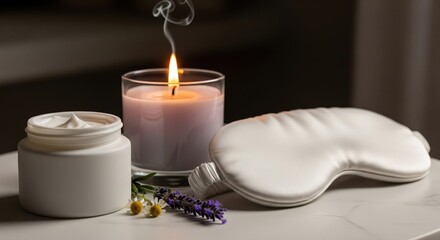 Bedtime routine with candle, cream, lavender and sleep mask.