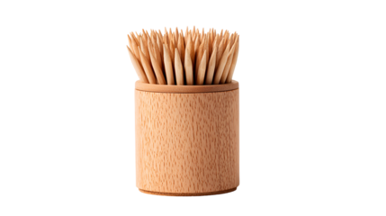 Wooden toothpick holder filled with toothpicks on black background