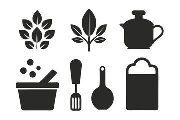 Set of black kitchen and food icons featuring leaves, a teapot, a mortar and pestle, a spatula, a ladle, and a glass, isolated on white background