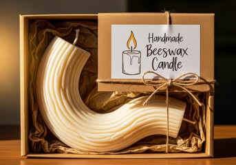 Curved ribbed beeswax candle in gift box handmade