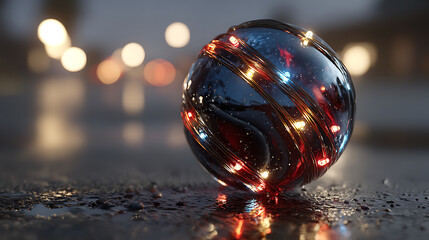 A dark, reflective sphere with colorful lights glowing within, blurred