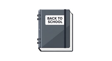 A gray notebook with a black elastic band and a back to school label on a white background