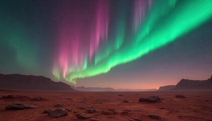 Northern Lights glow over Mars landscape. Red rocky terrain under starry night sky with vibrant green and pink aurora borealis. Distant mountains create a dramatic backdrop for this cosmic spectacle.