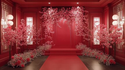 Red Chinese Wedding Hall with Floral Decorations