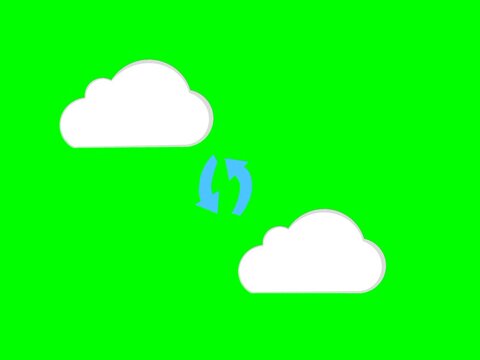 Data transfer animation between cloud storages. File copy process with rotating arrows. Looping file duplication concept. with green screen background
