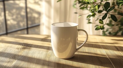 Empty white mug on a wooden table, sunlight streams through a window