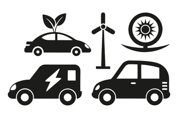 Set of black silhouette icons depicting ecofriendly transportation, including electric cars, a wind turbine, and a solar panel, isolated on white background