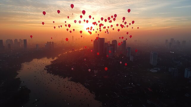 Sunrise over city with hot air balloons - Powered by Adobe