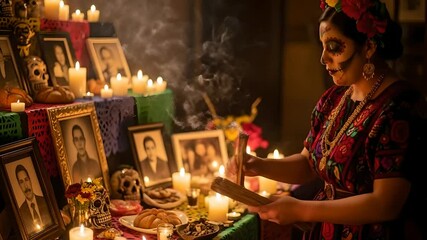 Day of the Dead: Woman with sugar skull makeup burning incense at altar with portraits and candles. Use for cultural events, tradition and remembrance celebrations.