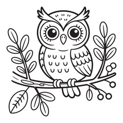Cute Owl on Branch – Forest Bird Line Art Coloring Page