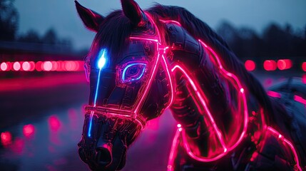 Naklejka premium Cyberpunk Horse with Neon Lights in the Night