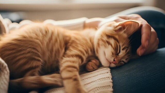 Ginger kitten sleeping peacefully on young woman’s lap, suitable for cozy lifestyle or soft pet themes