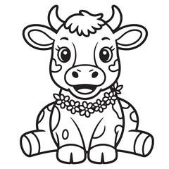 Kawaii Baby Cow with Flowers – Farm Animal Line Art Coloring Page