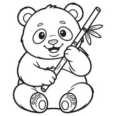 Kawaii Panda Eating Bamboo – Forest Animal Line Art Coloring Page