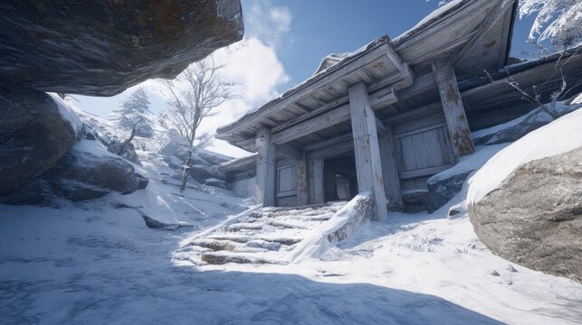 Snowy mountain path leads to a weathered wooden temple - Powered by Adobe