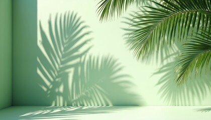 Tropical palm frond shadows cast on light green wall and floor. Sunlight creates textured pattern creating serene, minimalist interior scene. Natural, organic feel for summer design themes.