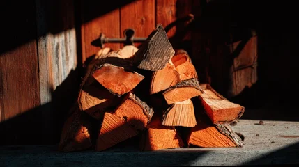 Wandcirkels Brandhout textuur Stacked firewood in sunlit shed  © Vinaida