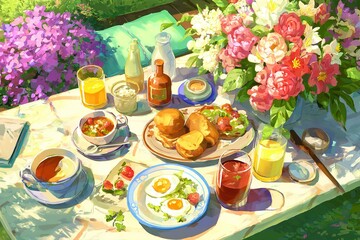 Garden Breakfast in Summer Morning