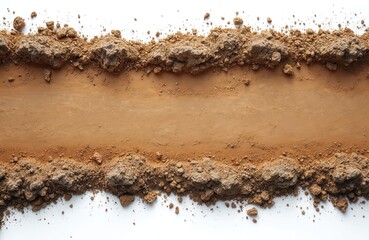 Illustration features top view of dirt road isolated on white background. A rural path with rough soil texture and scattered stones runs through countryside landscape.