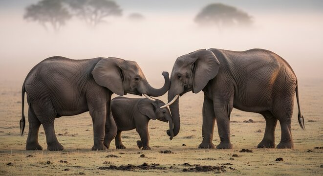 A loving African elephant family with a young calf sharing a tender moment on the misty savanna at sunrise