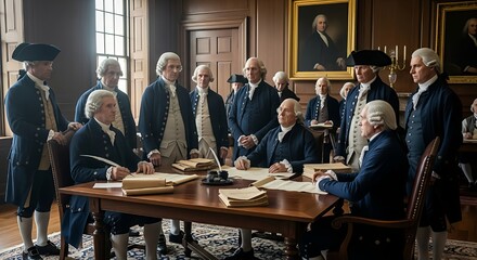 A re-enactment of the signing of the Declaration of Independence, with period-accurate costumes and setting.